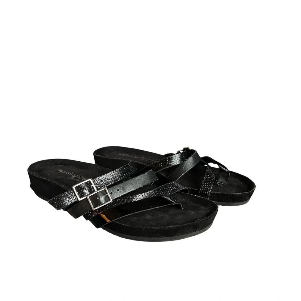 Walking Cradles Sandals Womens Size 7.5 W Black Leather Strappy Wedge Comfort